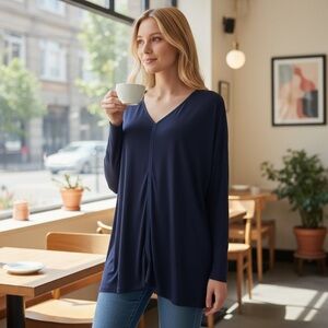 VINCE - SIZE SMALL TUNIC POPOVER TOP‎ BLOUSE - NAVY WITH SILK TRIM - EXC COND B5